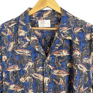 Vintage‎ Hawaiian Shirt Giant Fish Men Scene Short Sleeve Unique Print Button-Up